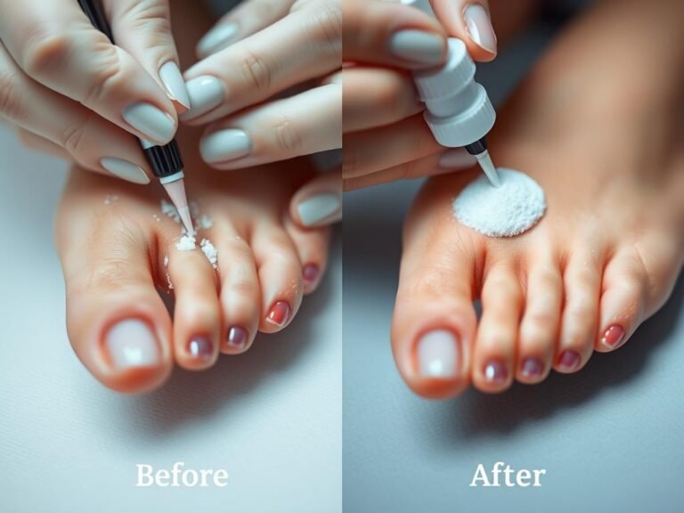 Close-up of acrylic toe nails application process showing the transformation