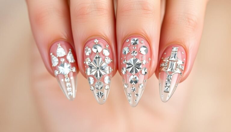 Close-up of bling acrylic nails with various rhinestone patterns and sparkly elements