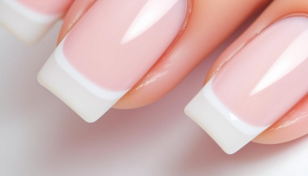 Close-up of classic square French tip acrylic nails with perfect white tips