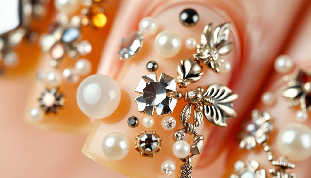 Close-up of duck nails acrylic with 3D decorations, rhinestones, and charms