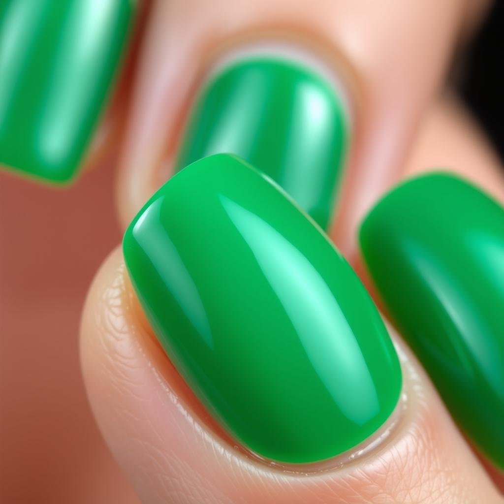 Close-up of emerald green acrylic nails with glossy finish
