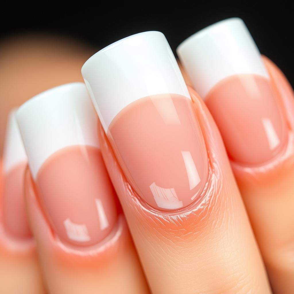 Close-up of french tip acrylic nails coffin showing the perfect smile line