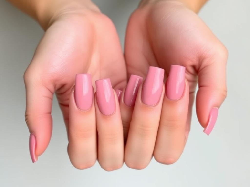 Close-up of hands with perfect pink square acrylic nails