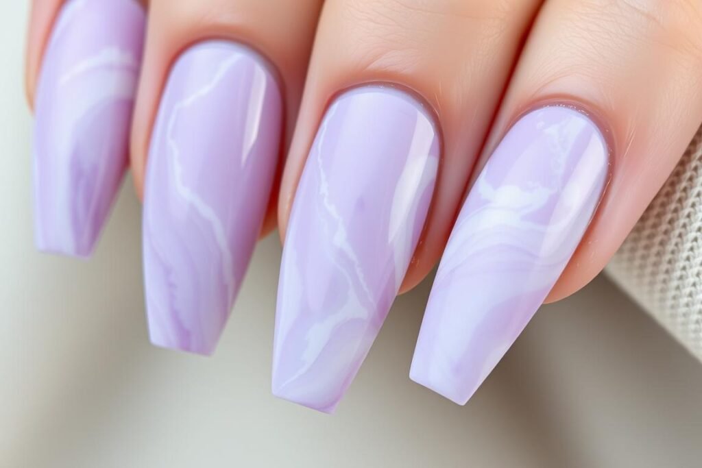 Close-up of lavender marble acrylic nails with white swirls