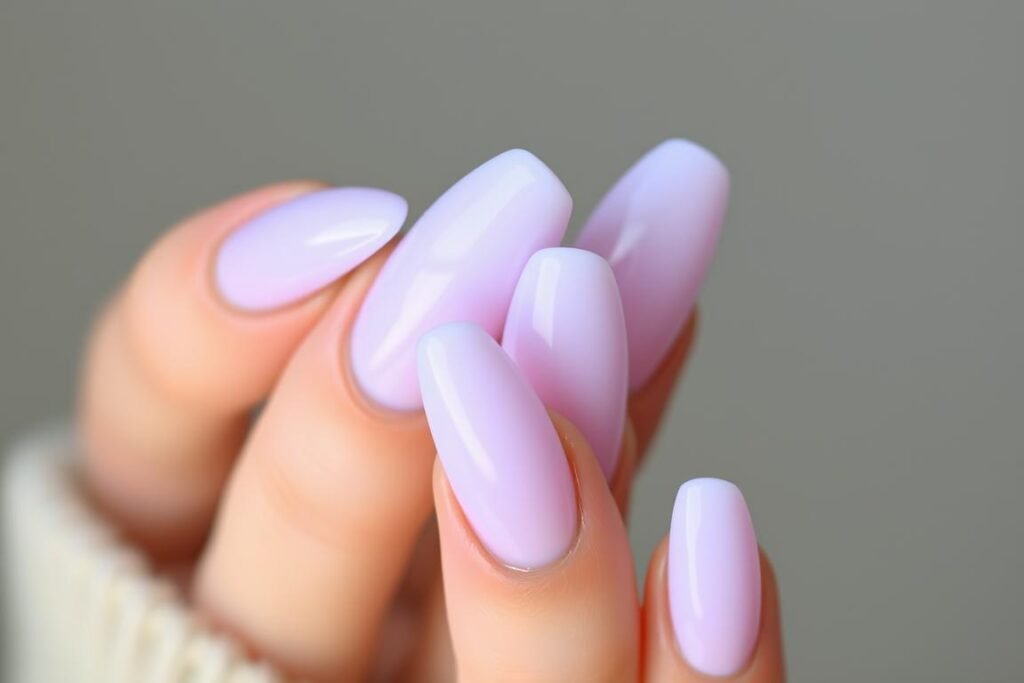 Close-up of milky lavender acrylic nails with cloudy effect