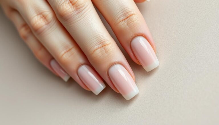 Close-up of natural looking acrylic nails with subtle pink tint compared to natural nails