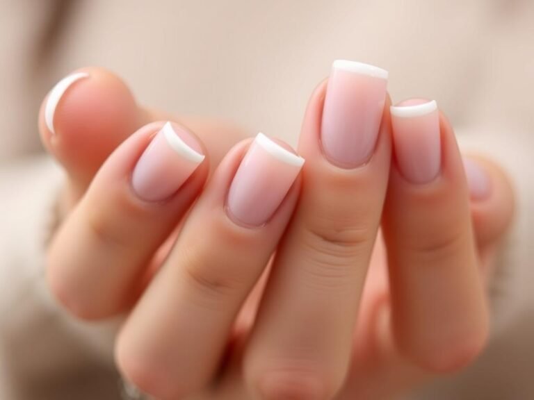Close-up of short square acrylic nails showing their practical length and clean shape