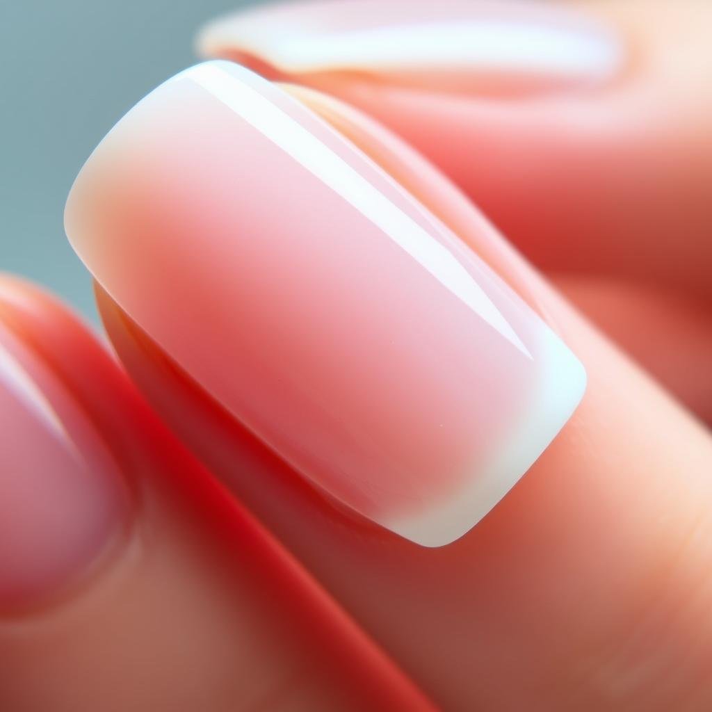 Close-up of short square acrylic nails with French tips showing the practical length