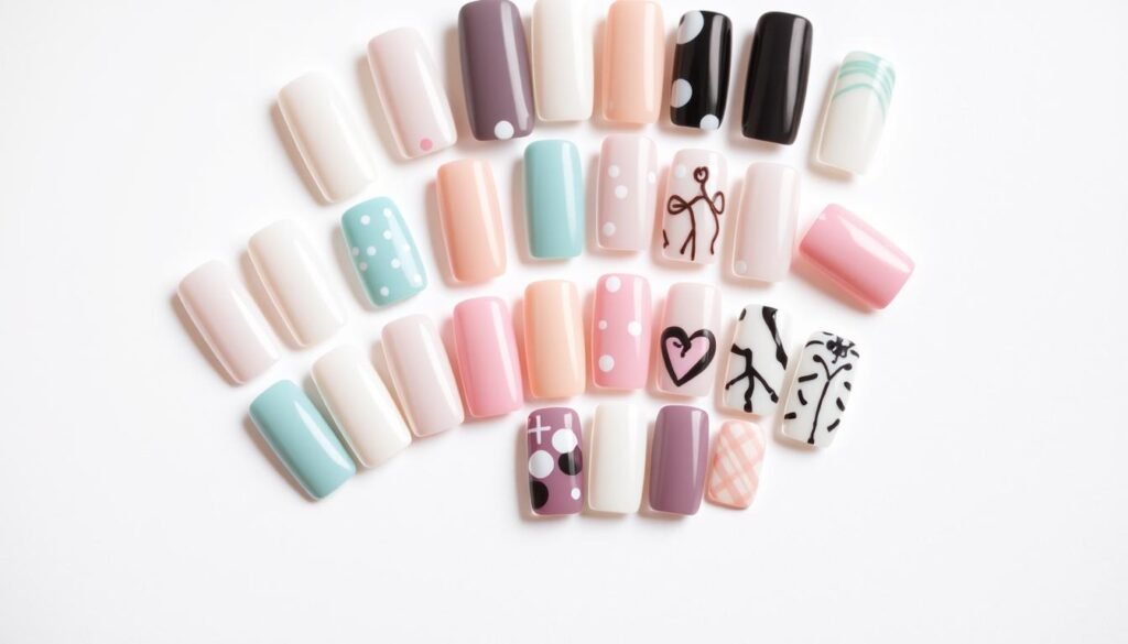 Close-up of various cute square acrylic nail designs showing different styles and colors
