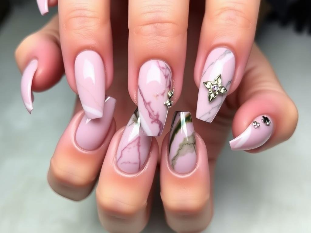 Coffin shaped acrylic nails with bold designs and embellishments