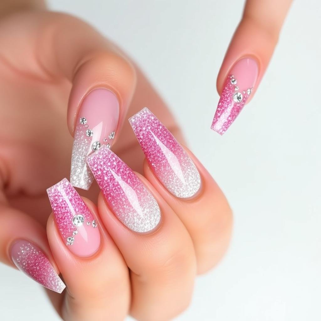 Coffin shaped prom acrylic nails with glitter and rhinestones