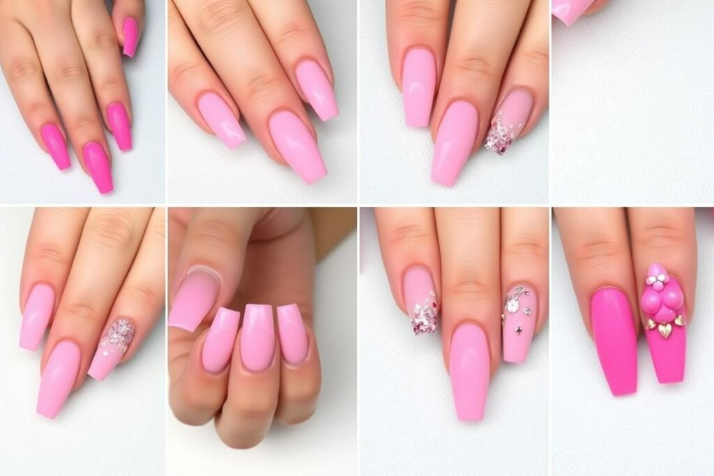 Coffin/ballerina shaped pink acrylic nails with various designs