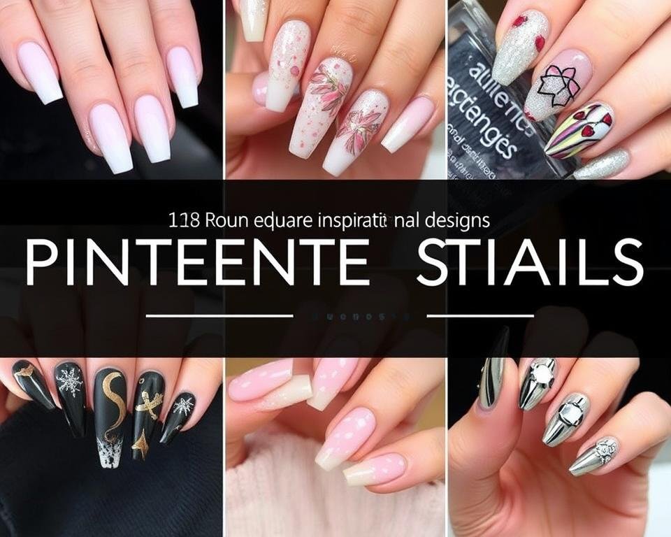 Collage of rounded square acrylic nail designs perfect for Pinterest inspiration