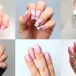 Collage of trending spring acrylic nail designs for 2025 including pastel colors, floral patterns, and French tips