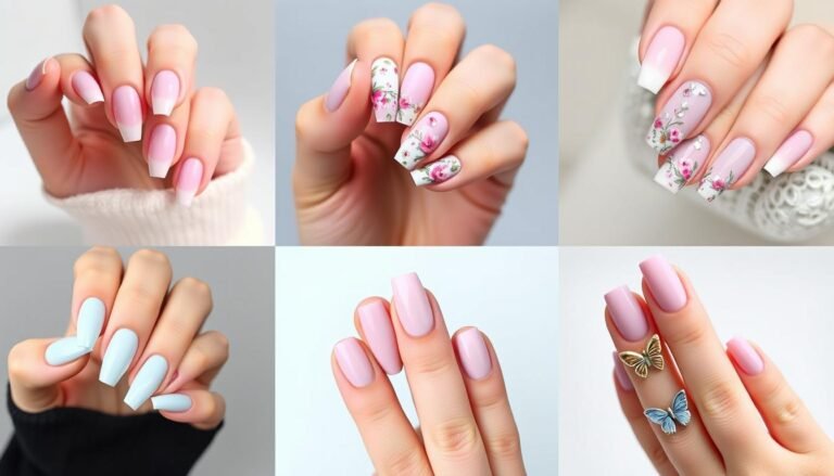 Collage of trending spring acrylic nail designs for 2025 including pastel colors, floral patterns, and French tips