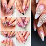 Collage of various acrylic nail designs including French tips, ombre, and geometric patterns