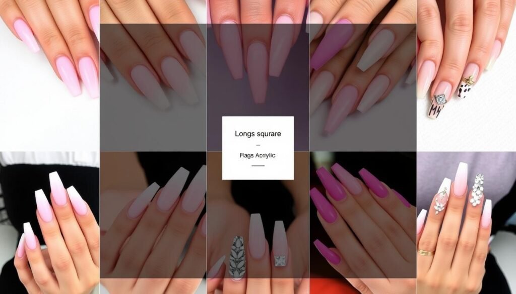 Collage of various long square acrylic nail designs showcasing versatility and style