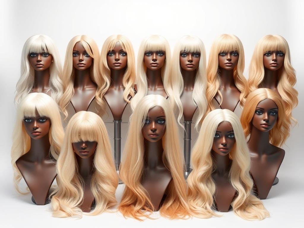 Collection of different blonde wig styles showing versatility