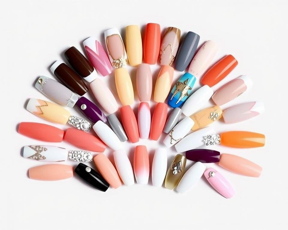 Collection of different duck nails acrylic designs including French tips, ombre, and rhinestone decorations