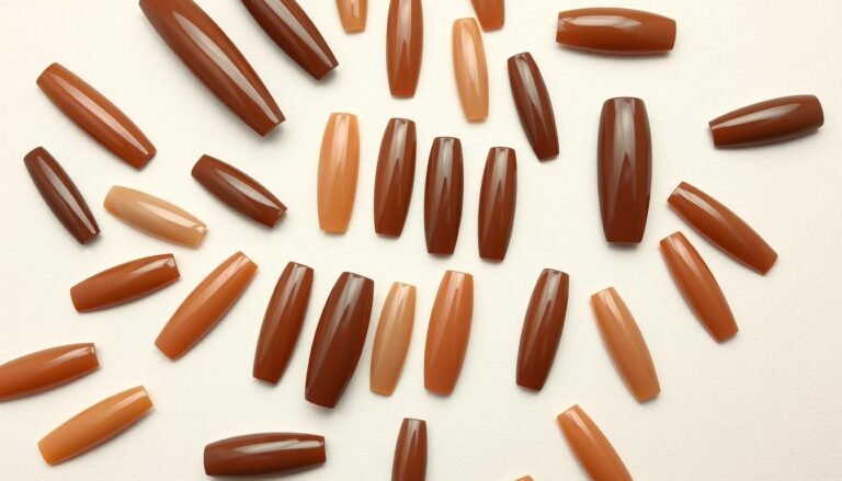 Collection of elegant brown acrylic nail designs in various shapes and shades