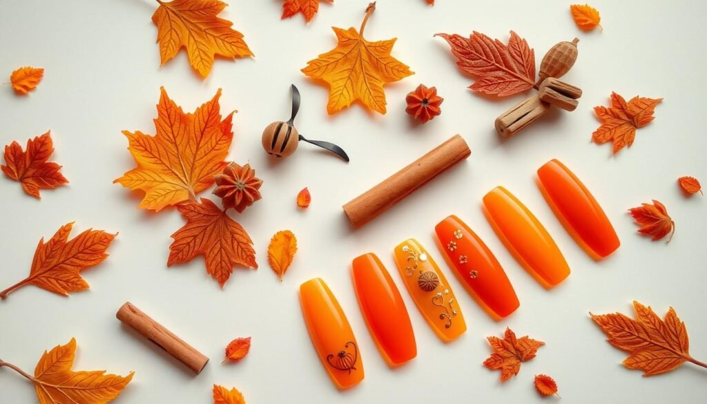 Collection of fall-inspired orange acrylic nail designs