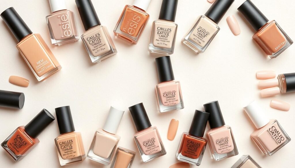 Collection of natural nail polish colors arranged by skin tone compatibility