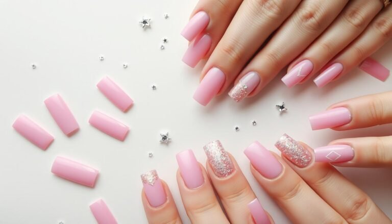 Collection of pink square acrylic nails in various shades and designs