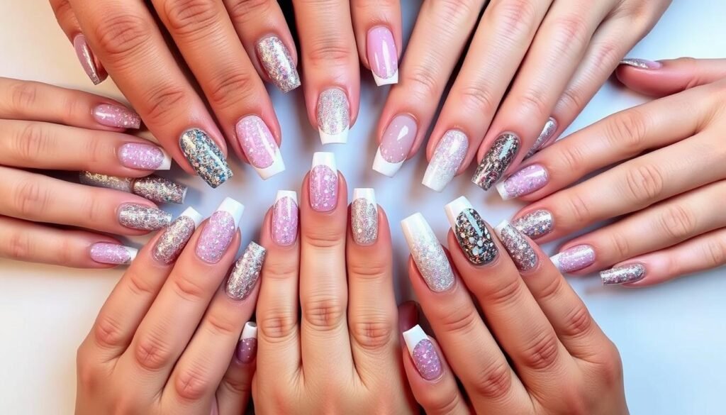 Collection of short French tip acrylic nails with various glitter and shimmer designs