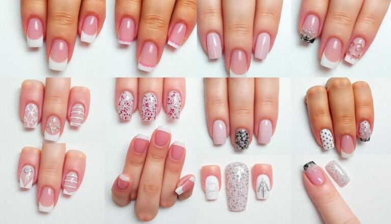 Collection of short square acrylic nails designs in various colors and patterns