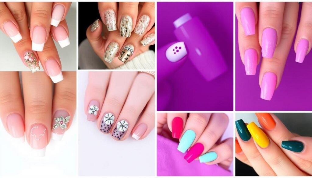 Collection of stylish short square acrylic nail designs in various colors and styles