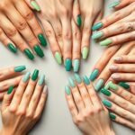 Collection of trending green acrylic nail designs for 2023 including emerald, sage, and mint variations