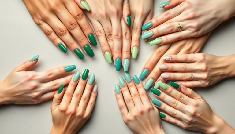 Collection of trending green acrylic nail designs for 2023 including emerald, sage, and mint variations