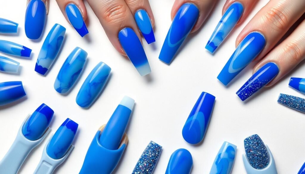 Collection of trendy blue acrylic nail designs including ombre, marble, and French tips