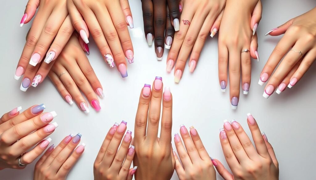Collection of various french tip acrylic nails with design styles
