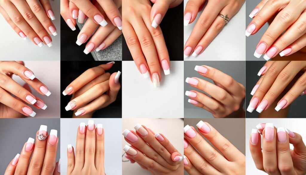 Collection of various french tip acrylic nails with design styles