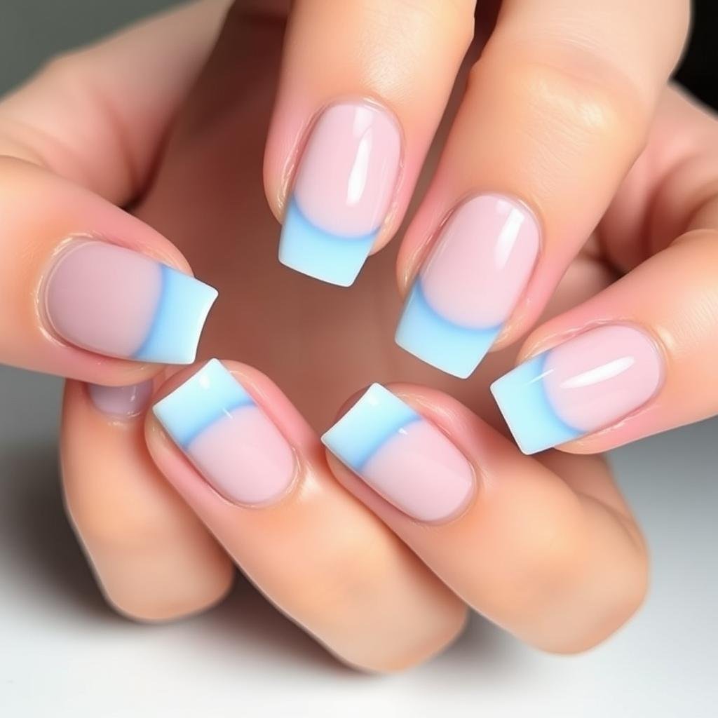 Colored tip square French acrylic nails in pastel blue