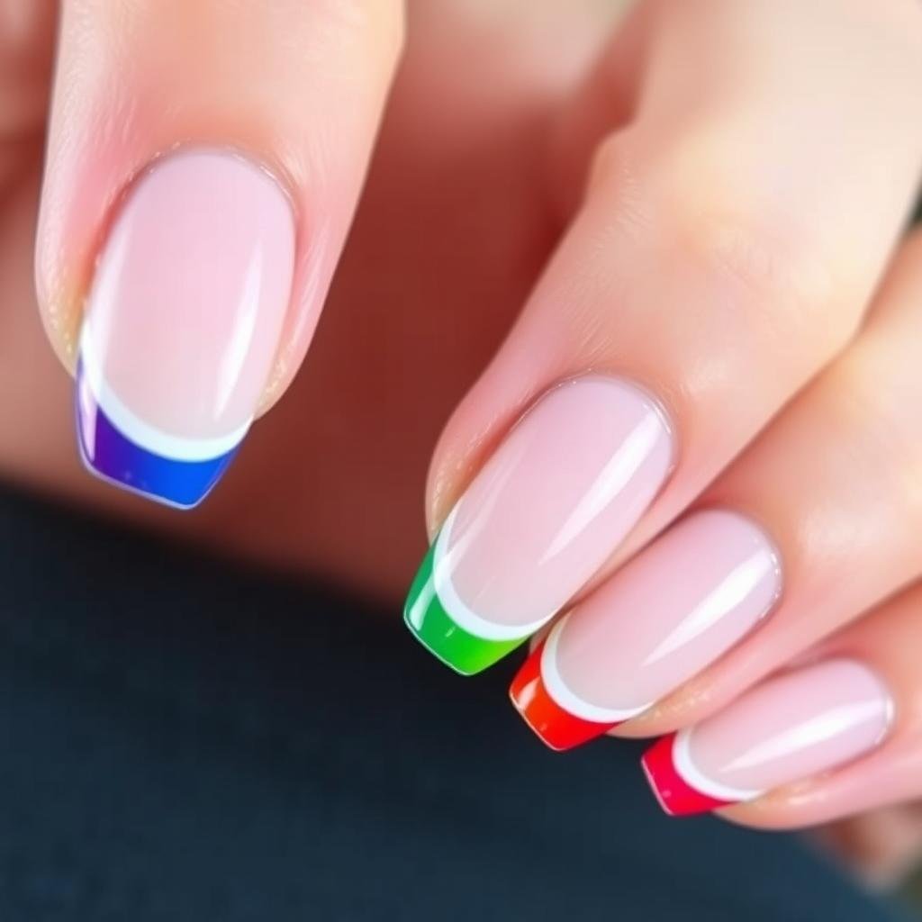 Colorful french tip acrylic nails almond shape with rainbow tips