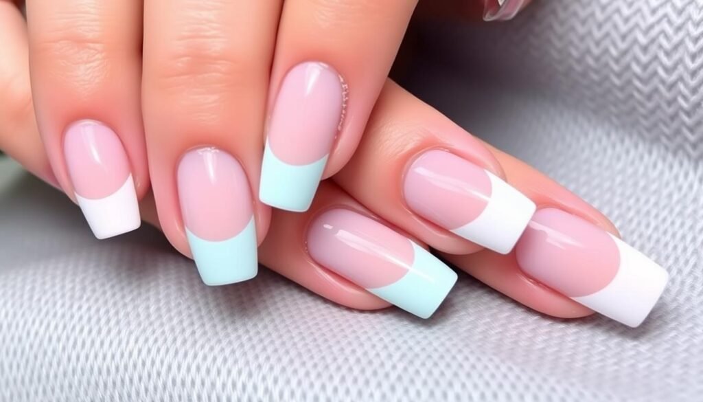 Colorful french tip acrylic nails coffin with various modern designs