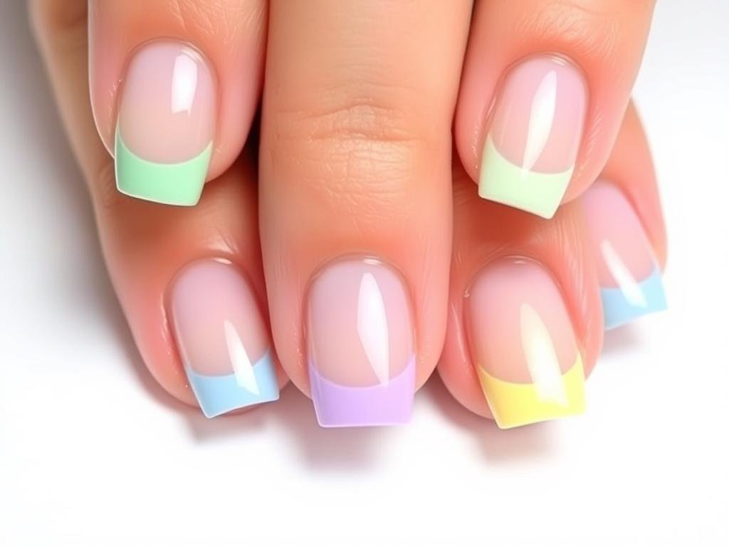 Colorful spring French tip acrylic nails in pastel colors