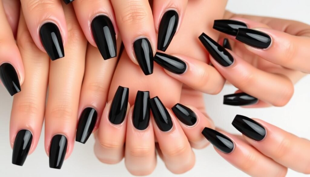 Comparison of different black acrylic nail shapes