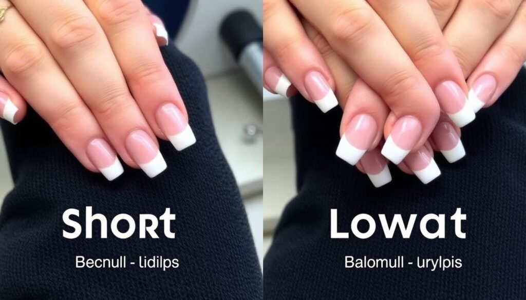Comparison of different length french tip acrylic nails on the same hand