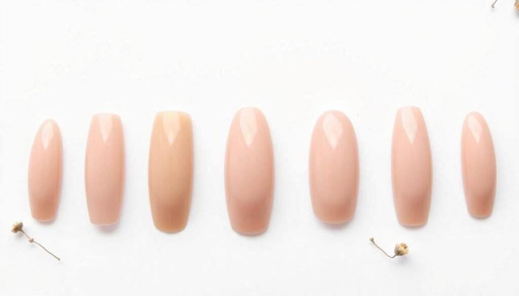 Comparison of different nude acrylic nail shapes including almond, square, coffin, and oval