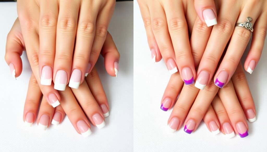 Comparison of traditional and modern short French tip acrylic nail designs side by side