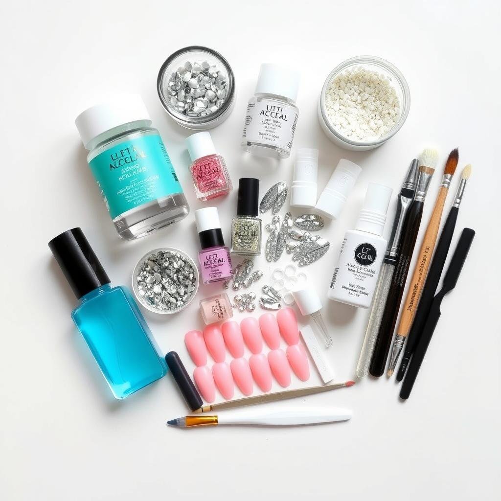 Complete set of supplies needed for DIY bling acrylic nails application