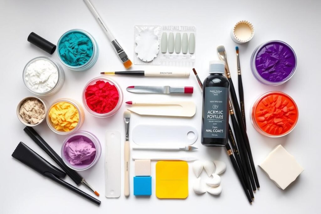 Complete set of supplies needed for DIY ombre acrylic nails