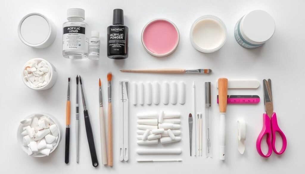 Complete set of supplies needed for DIY short French tip acrylic nails