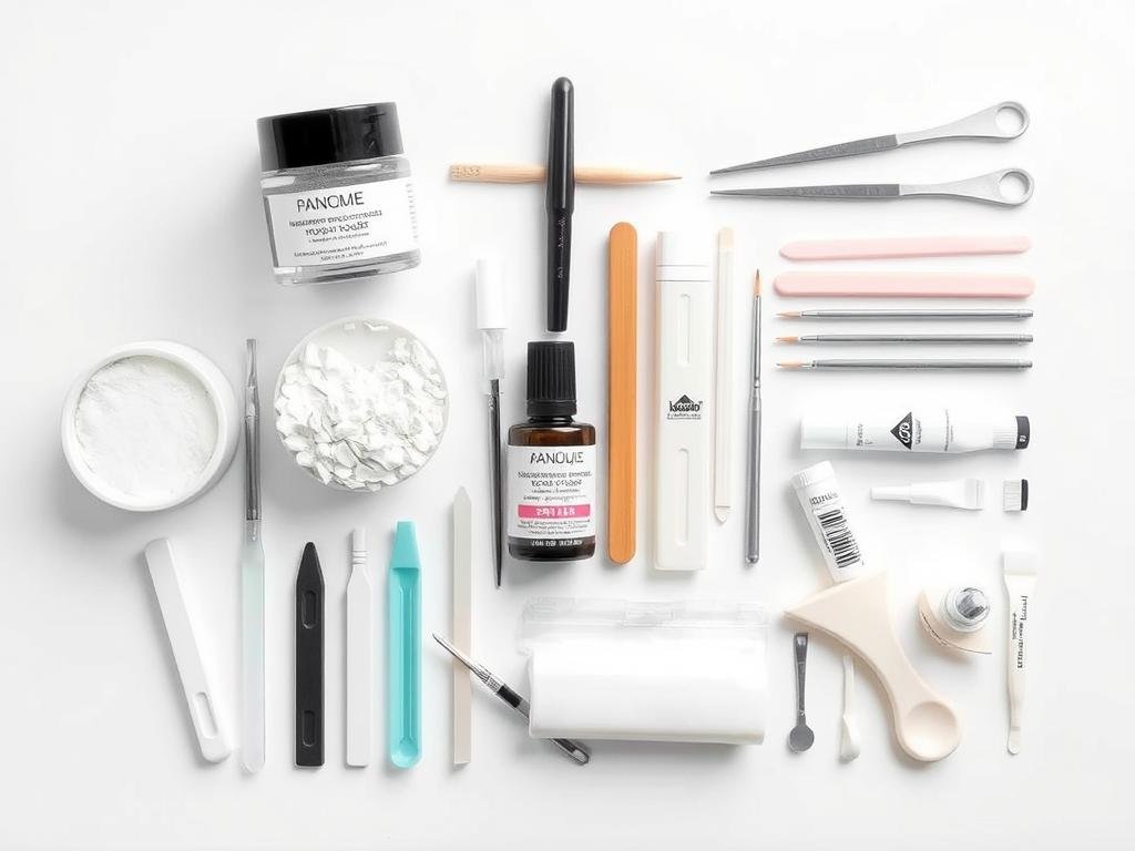 Complete set of supplies needed for clear acrylic nail application Complete set of supplies needed for clear acrylic nail application