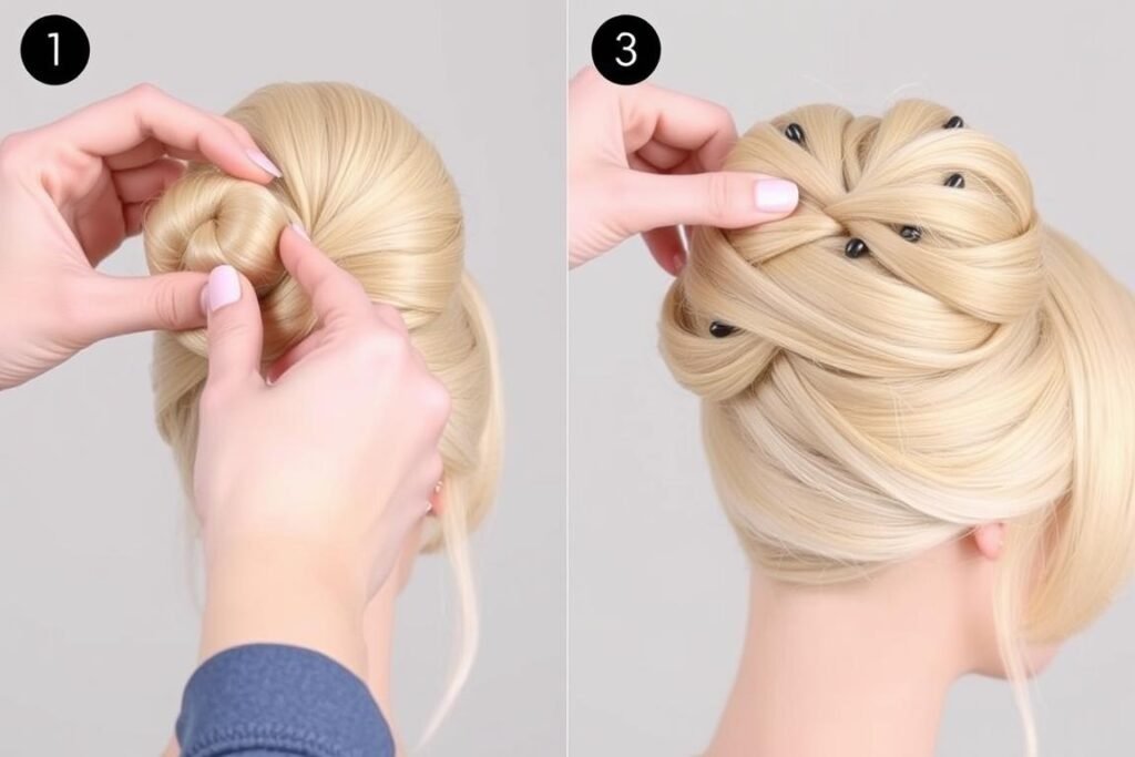 Creating a messy bun with a blonde wig, showing the pinning technique