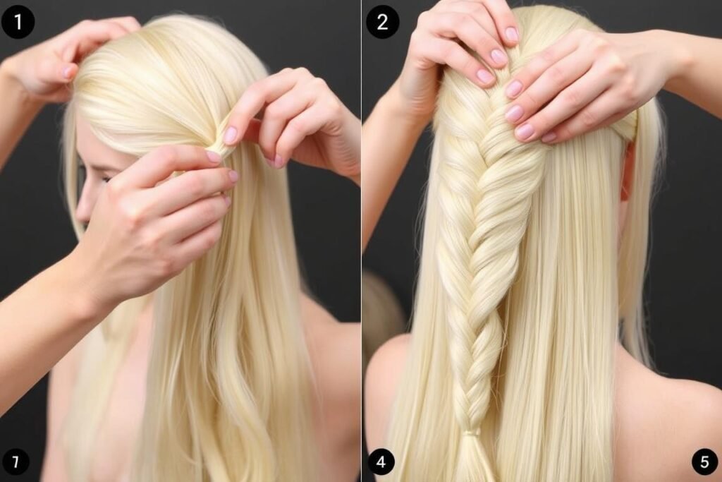 Creating a side braid with a blonde wig, showing the braiding technique