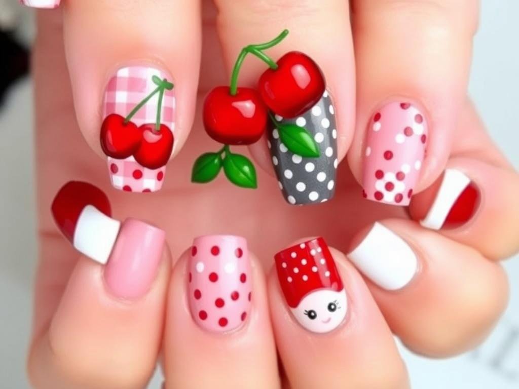 Creative mixed cherry acrylic nails combining cherries with complementary patterns